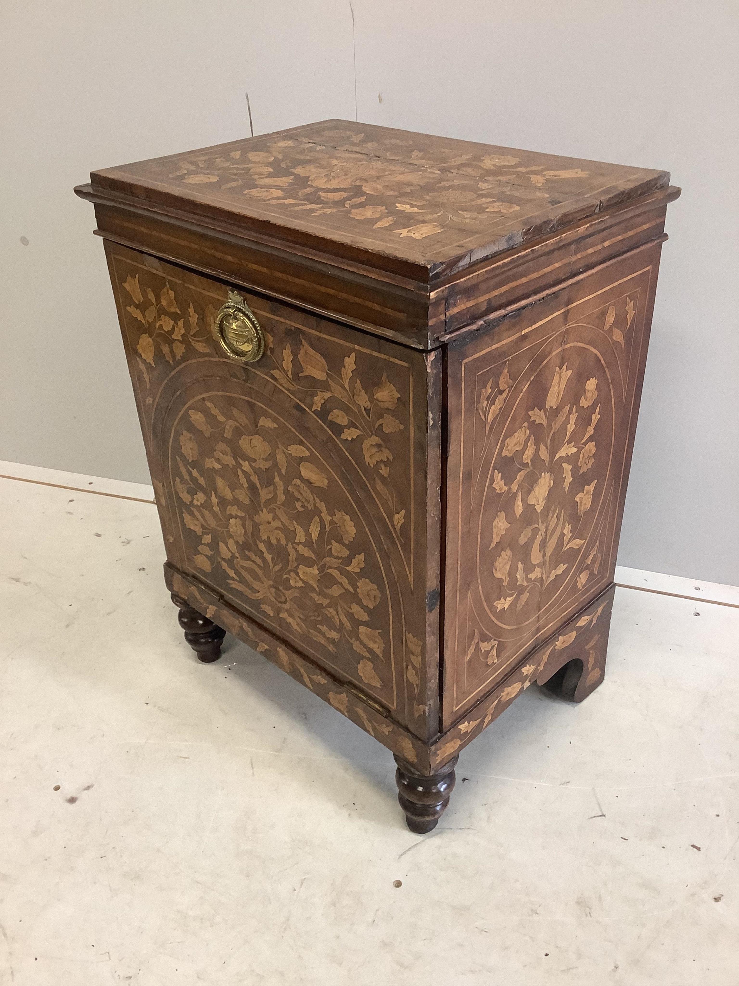 A 19th century Dutch floral marquetry inlaid walnut coal purdonium, width 49cm, depth 37cm, height 68cm. Condition - poor to fair